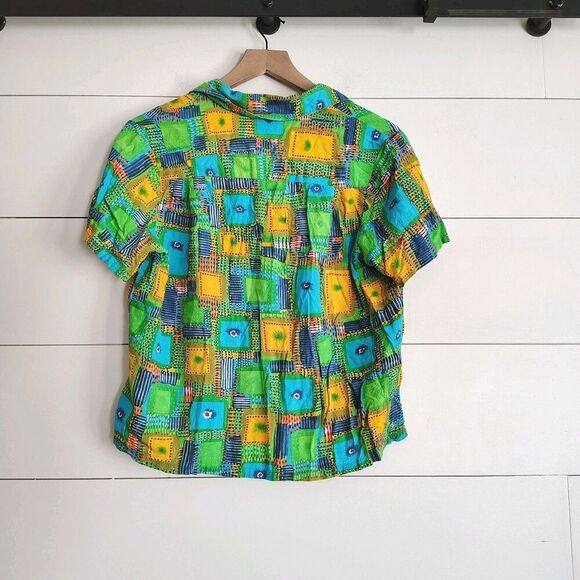VTG Jams World Womens M Hawaiian Aloha Shirt Bright Abstract Art Print Crop Top - Picture 2 of 9
